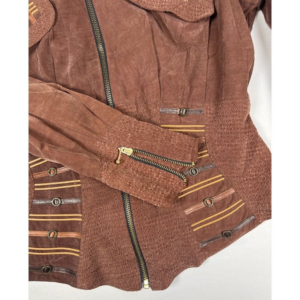 Caché Women L Vintage Brown Suede Bomber Jacket Earthy Mixed Media Made in USA - Picture 6 of 7